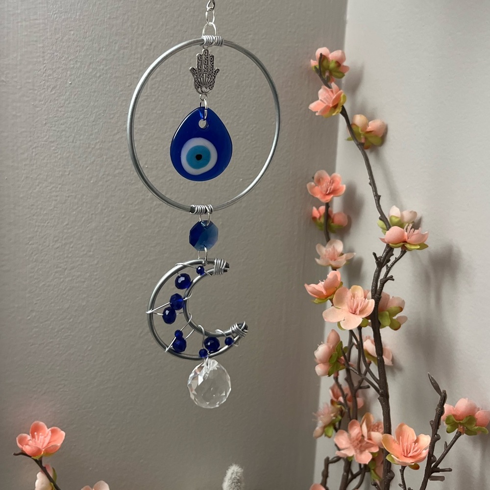 Handmade Suncatcher - dark blue, hamsa, evil eye